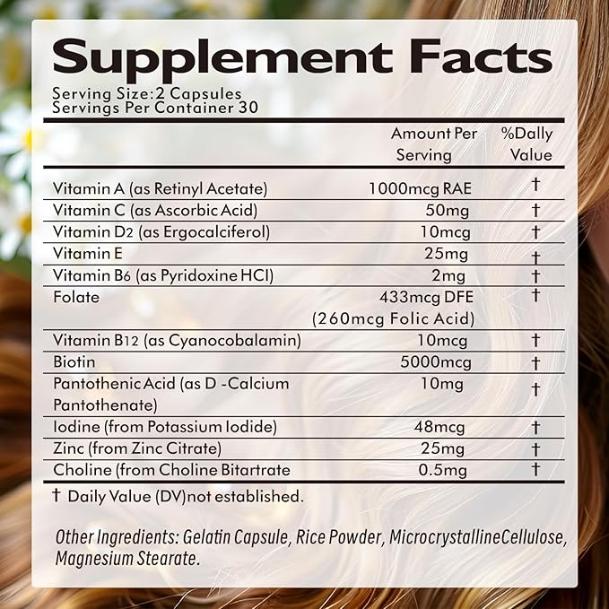 Biotin for Hair Growth Women Men - Biotin Supplement 5000 mcg, with Vitamin C E B12 B6 A Support Strong Nails Skincare Hair Health - USA Made - 120 Capsules / 2 Packs