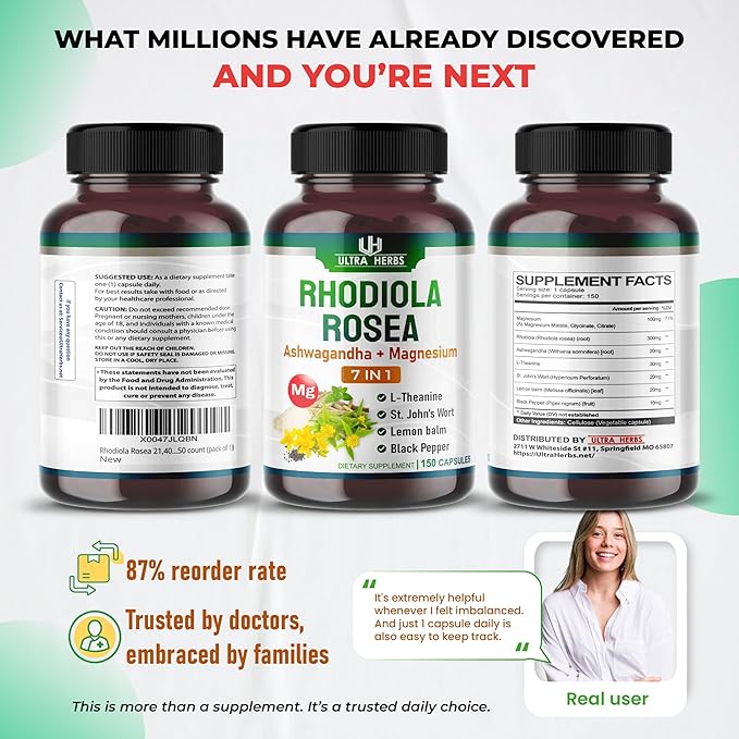 Rhodiola Rosea Supplement Enriched with Ashwagandha, Magnesium, L-Theanine, St. John's Wort, Lemon Balm - Support Mood, Sleeps Quality, and Mental Focus | 150 Capsules