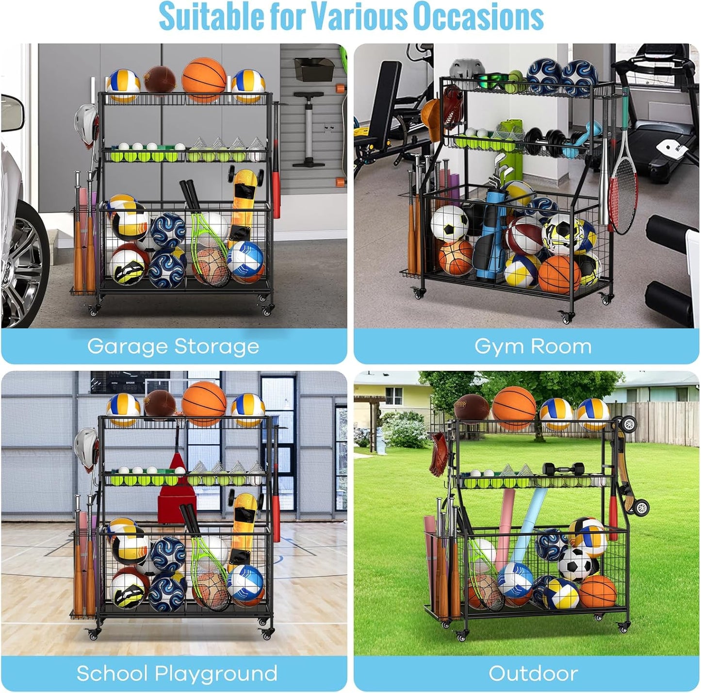 WUC Sports Equipment Organizer - Garage Ball Storage Rack with Basket, Hooks and Rolling Cart for Toy Sports Gear Storage, Black