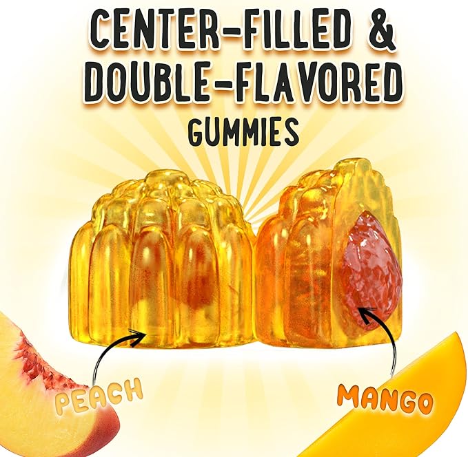 Center-Filled Bones & Growth Support Gummies - Supplement Vitamins for Kids & Teens with Calcium, Astragalus, D3, K2 & Omithine HCI - Peach & Mango - 60 Count