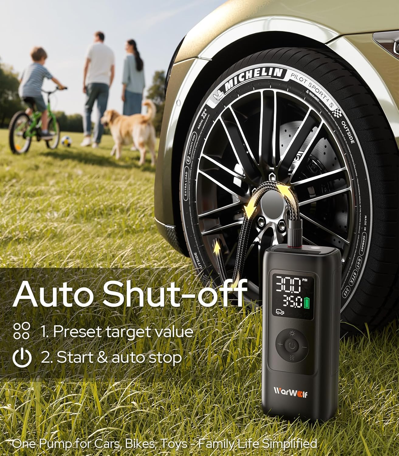 WARWOLF 160PSI Tire Inflator Portable Air Compressor - 48LPM Fast Air Pump for Car Tires: SUV, Light Truck, Motorcycle, Bike, 10000mAh with Auto Shut-Off, Digital Gauge, 12V Car Adapter, LED Light