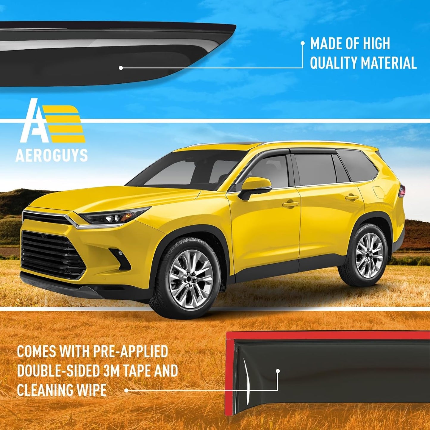 Extra Durable Window Deflectors Tape-On Window Visors Rain Guards Fit for Toyota Grand Highlander 2024-2025, Sun Visors, Wind Vent for Shades, Exterior Car Accessories - 4pcs. AG0879