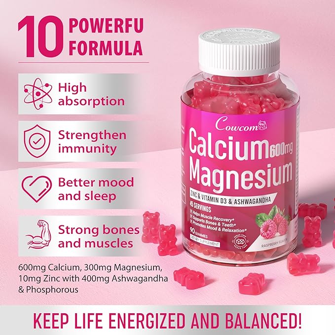 Calcium Magnesium Zinc Gummies & Vitamin D3,B6,B12,Immune & Supporting Bone Health Calcium Magnesium Supplement for Women Men,Sugar-Free Vegan Raspberry Flavor 90 Counts