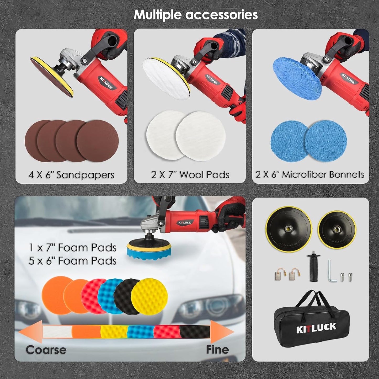 KITLUCK Buffer Polisher, 12Amp 6″/7″ Rotary Polisher for Car Detailing, 1400W 7 Variable Speed Car Buffer Polisher Machine, 800-3500RPM, with Foam Pad, Wool Pad For Car Polishing, Buffing, Waxing