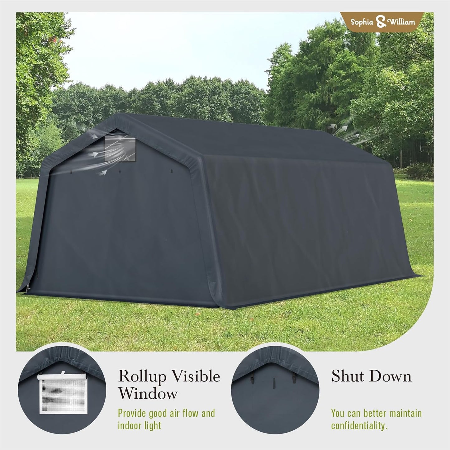 Sophia & William Carport Storage Shed 13x22 ft Portable, Heavy Duty Car Port Canopy Garage Shelter with Sidewalls and Roll Up Doors for Automobile Boat Motorcycle Bike, Gray