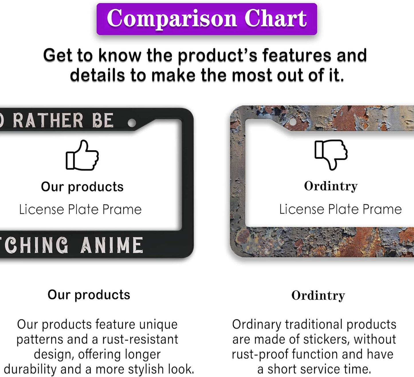 License Plate Cover Black and White License Plate Frames I’D Rather Be Watching Anime Aluminum Metal Car Accessory 2 Pack with Screw Covers Set