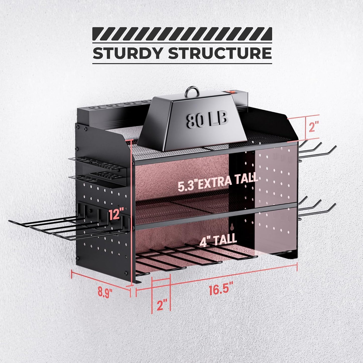 TRZZ Power Tool Organizer Wall Mount, 3-Layer Charging Station with 8 Outlets, 6 Drill Holders and Drill Bit Rack, Efficient and Organized Storage for Garage, Workbench, and Workshop (Black)