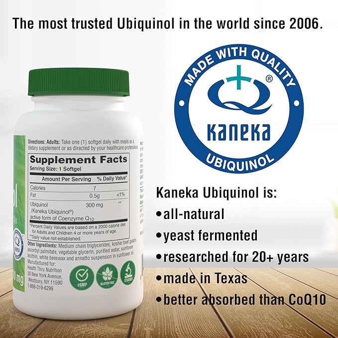 Health Thru Nutrition Ubiquinol 300mg 120 Softgels as Kaneka QH Reduced CoQ-10 | Stabilized - 3rd Party Tested | Enhanced Bioavailability | Cardiovascular & Mitochondria Function Support | Non-GMO