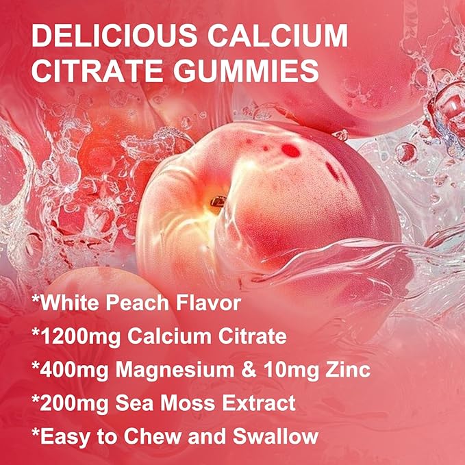 Calcium Citrate 1200mg Gummies with Vitamin D3, K2 - Chewable Calcium Magnesium Zinc d3 Supplement with Sea Moss Extract for Bone, Teeth, Immune Support for Women & Men, Peach Flavor-60 Gummies(3Pack)