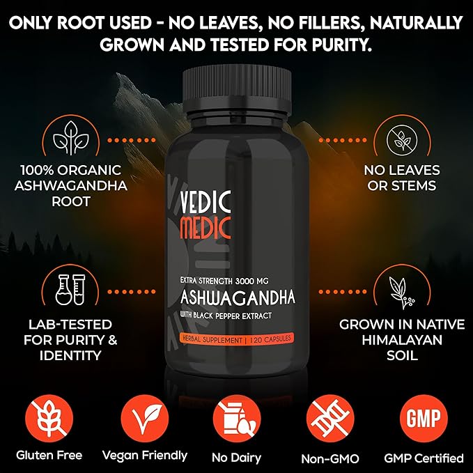 Organic Ashwagandha Capsules Extra Strength 3000mg with Black Pepper Extract - Stress Relief, Mood Enhancer, Energy Support - Non-GMO, Vegan, Gluten Free (120)