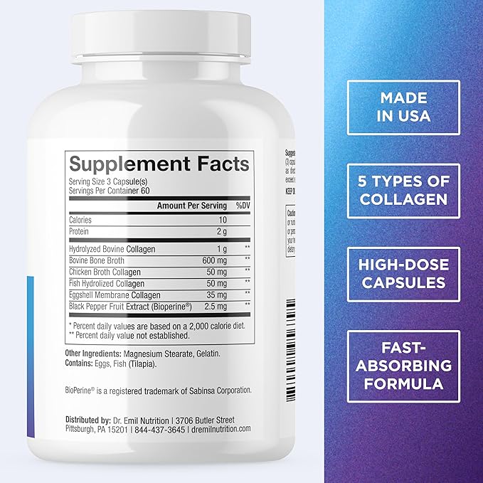 DR. EMIL NUTRITION Women's Multi Collagen Pills | Collagen Supplements to Support Hair, Skin, Nails, & Joints | Hydrolyzed Collagen Supplements Types I, II, III, V & X | 180 Capsules