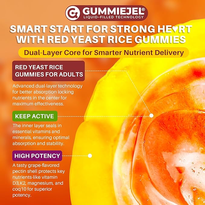 Red Yeast Rice Gummies 2400MG with CoQ10, Suagr Free Balanced Cholesterol Supplements Plus Citrus Bergamot, Plant Sterols & Stanols Supports Vascular Health, Energy, Immunity for Age 50+,Vegan,60 Cts