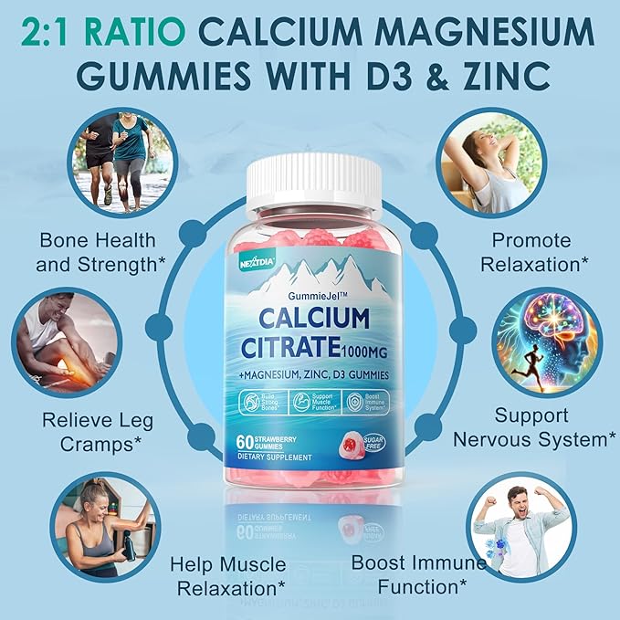 Calcium Citrate 1000mg, Calcium Gummies with Calcium & Magnesium 2:1 Ratio, Plus Vitamin D3, Zinc, B6 & Potassium – High Absorbable Calcium Chewable, Bone & Muscle Support, Vegan, Sugar-Free, 60Cts