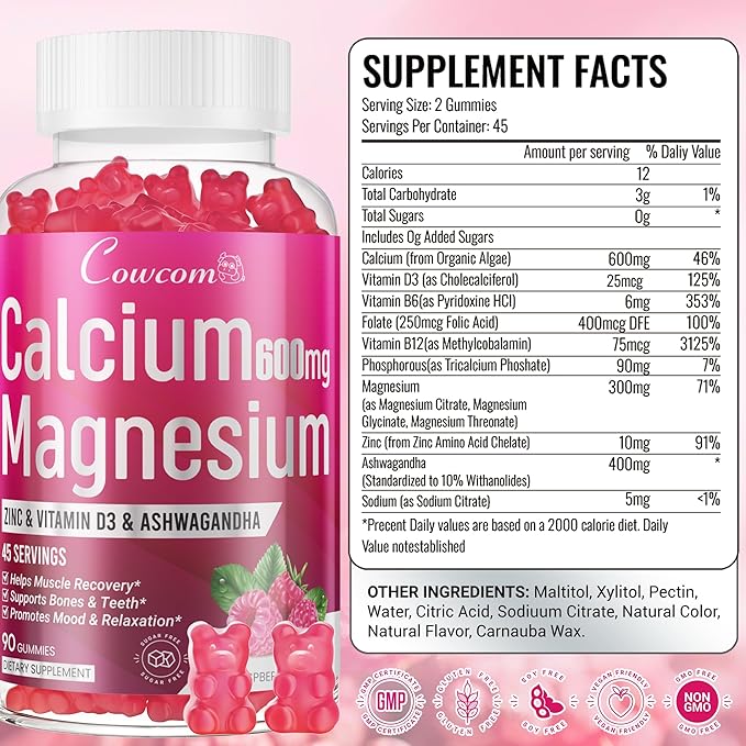 Calcium Magnesium Zinc Gummies & Vitamin D3,B6,B12,Immune & Supporting Bone Health Calcium Magnesium Supplement for Women Men,Sugar-Free Vegan Raspberry Flavor 90 Counts