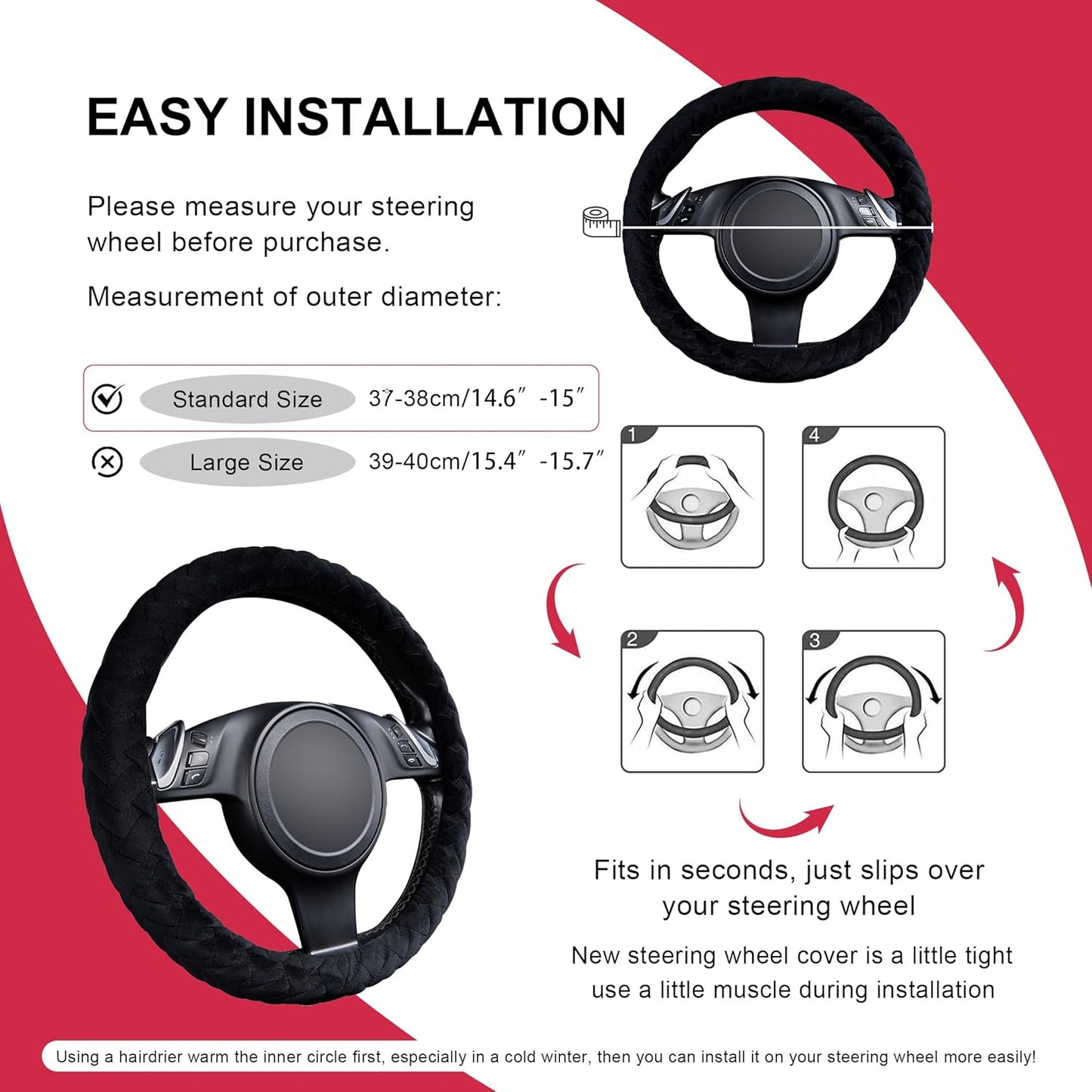 Flying Banner Faux Leather Heavy Duty Inner Ring car Steering Wheel Cover 14.5-15 inches (All Black)