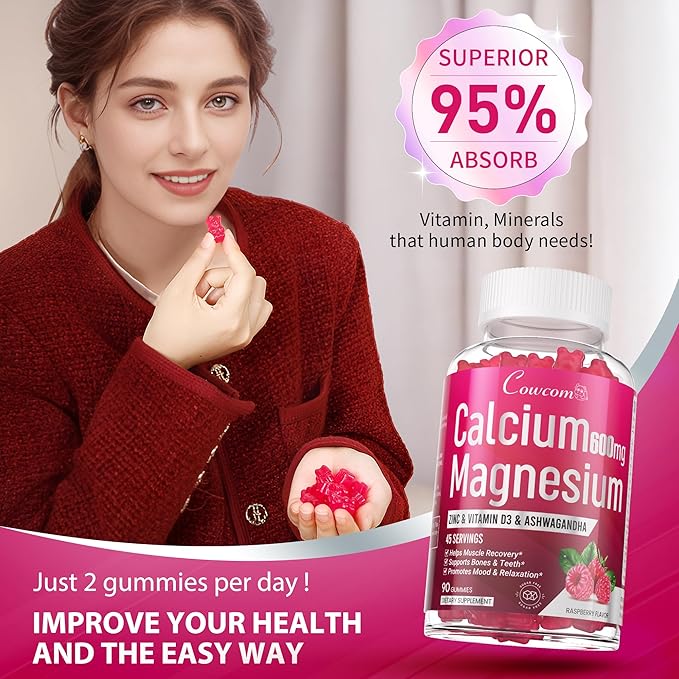 Calcium Magnesium Zinc Gummies & Vitamin D3,B6,B12,Immune & Supporting Bone Health Calcium Magnesium Supplement for Women Men,Sugar-Free Vegan Raspberry Flavor 90 Counts
