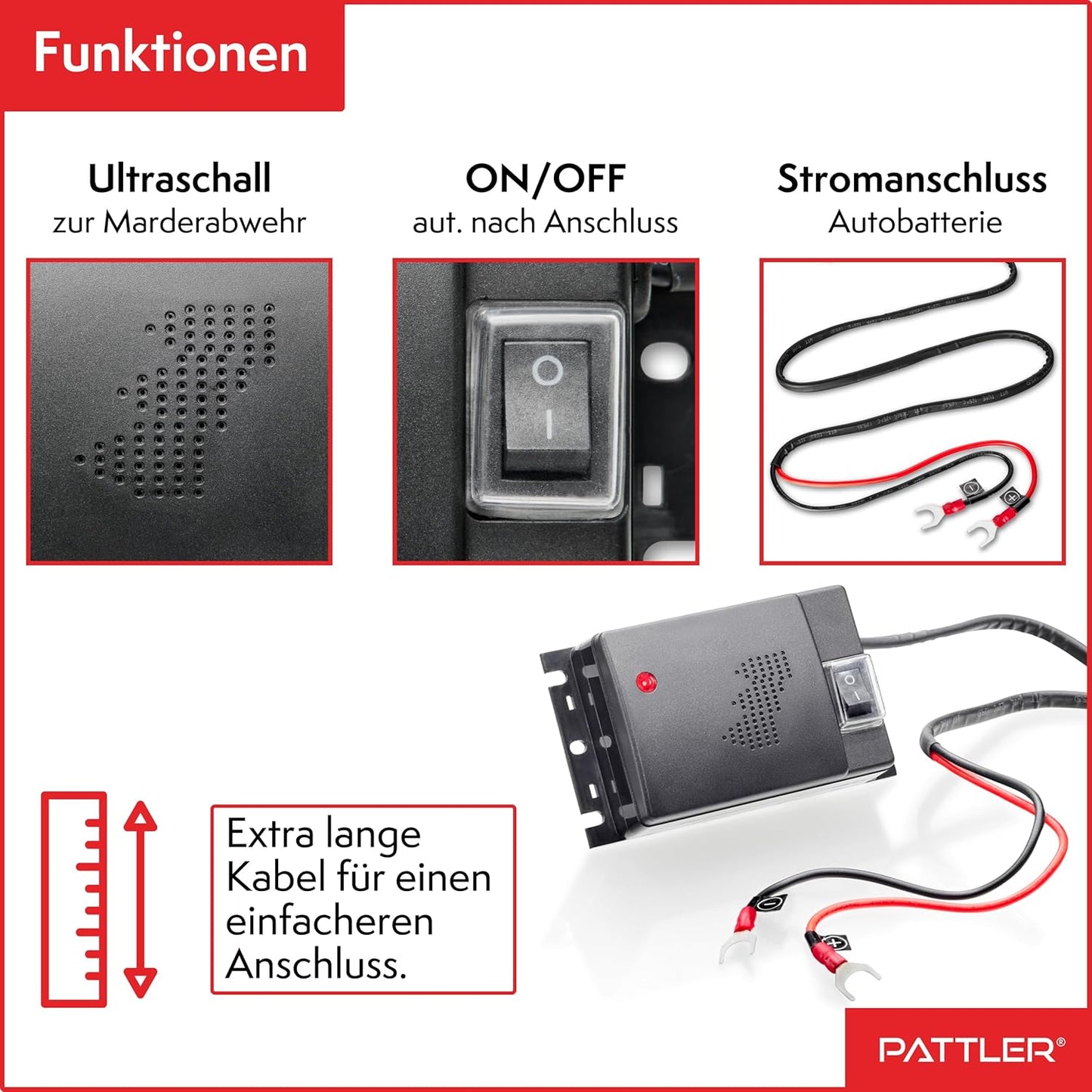 PATTLER® Marten Repellent for Car Engines - Ultrasonic Marten Repeller Under Hood for Immediate and Long-Term Protection Against Martens. Marten Deterrent for Cars Powered by 12V Car Battery - 1 Unit