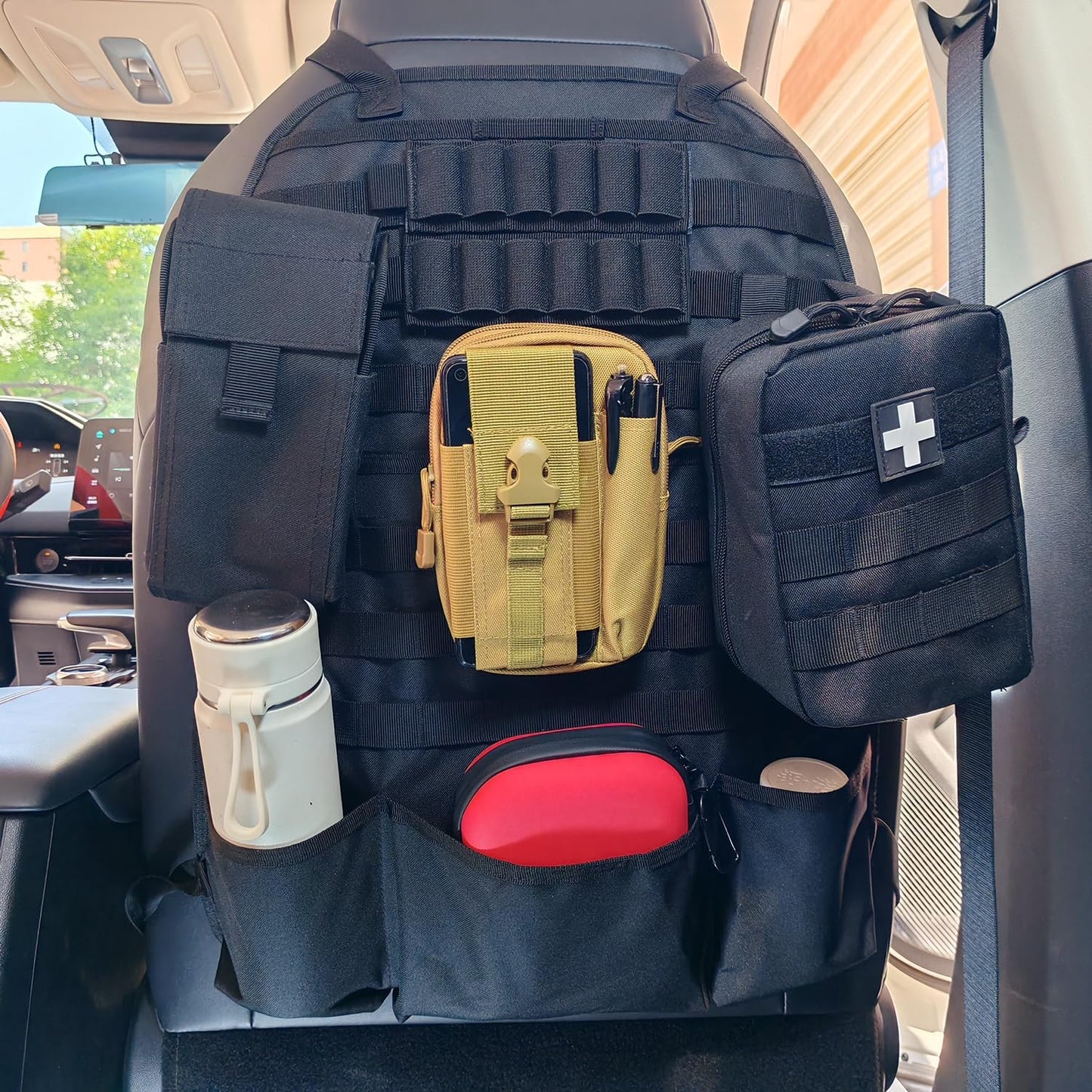 Car Seat Back Organizer Tactical MOLLE Panel Back Seat Storage Bag Universal Car Seat Cover Protector (Black)