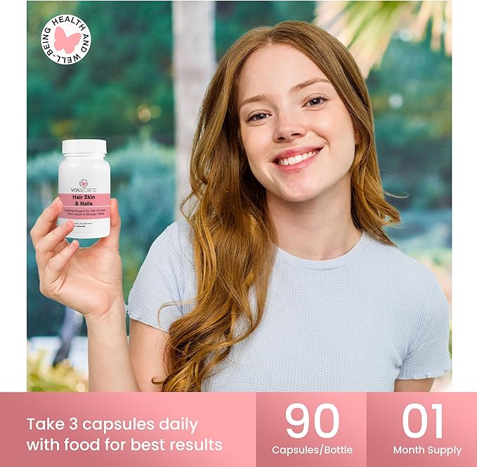 Vitasecrets Hair, Skin & Nails Super Blend – 90 Capsules with Biotin, Collagen, and Hyaluronic Acid for Healthy Hair, Glowing Skin, and Stronger Nails – Non-GMO, Gluten-Free, Made in The USA