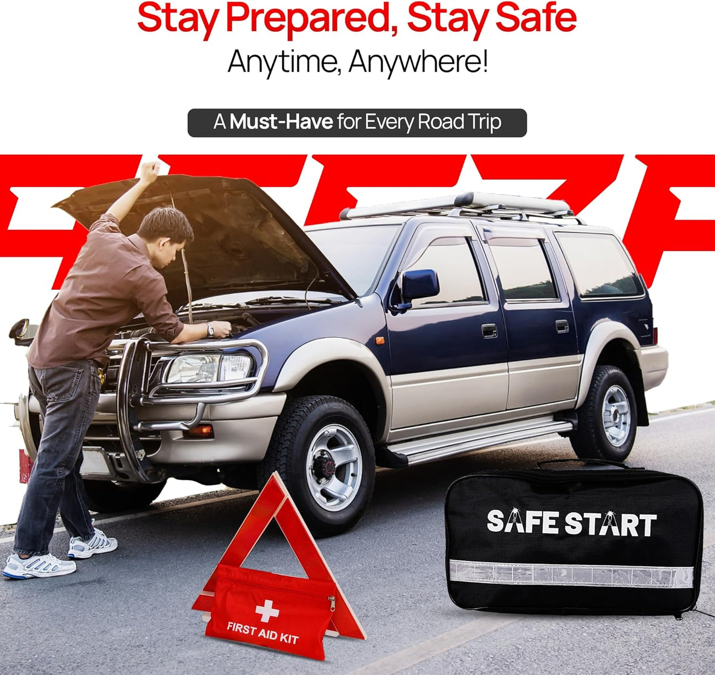 Car Emergency Kit - Car Safety Kit with First Aid, Safety Hammer, Reflectors, Gloves, Ice Shovel - Compact Roadside Tool Kit for Repairs, Snow, Accidents - Protect Your Family on The Road