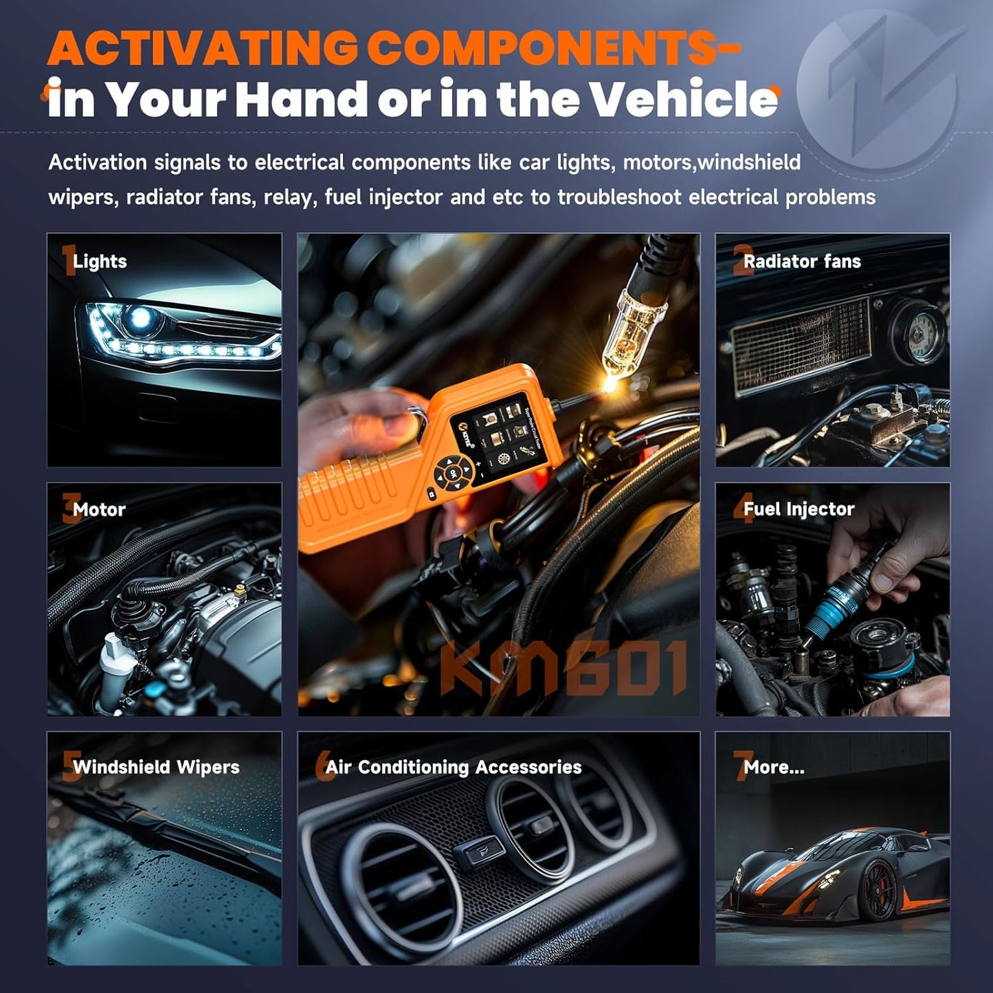 KZYEE KM601 Power Circuit Probe Kit, 12V-24V Automotive Circuit Tester with Battery Test, Multimeter, Oscilloscope, Fuel Injector, Short Circuit Finder, Component Activator, Current Probe, 30FT Cable