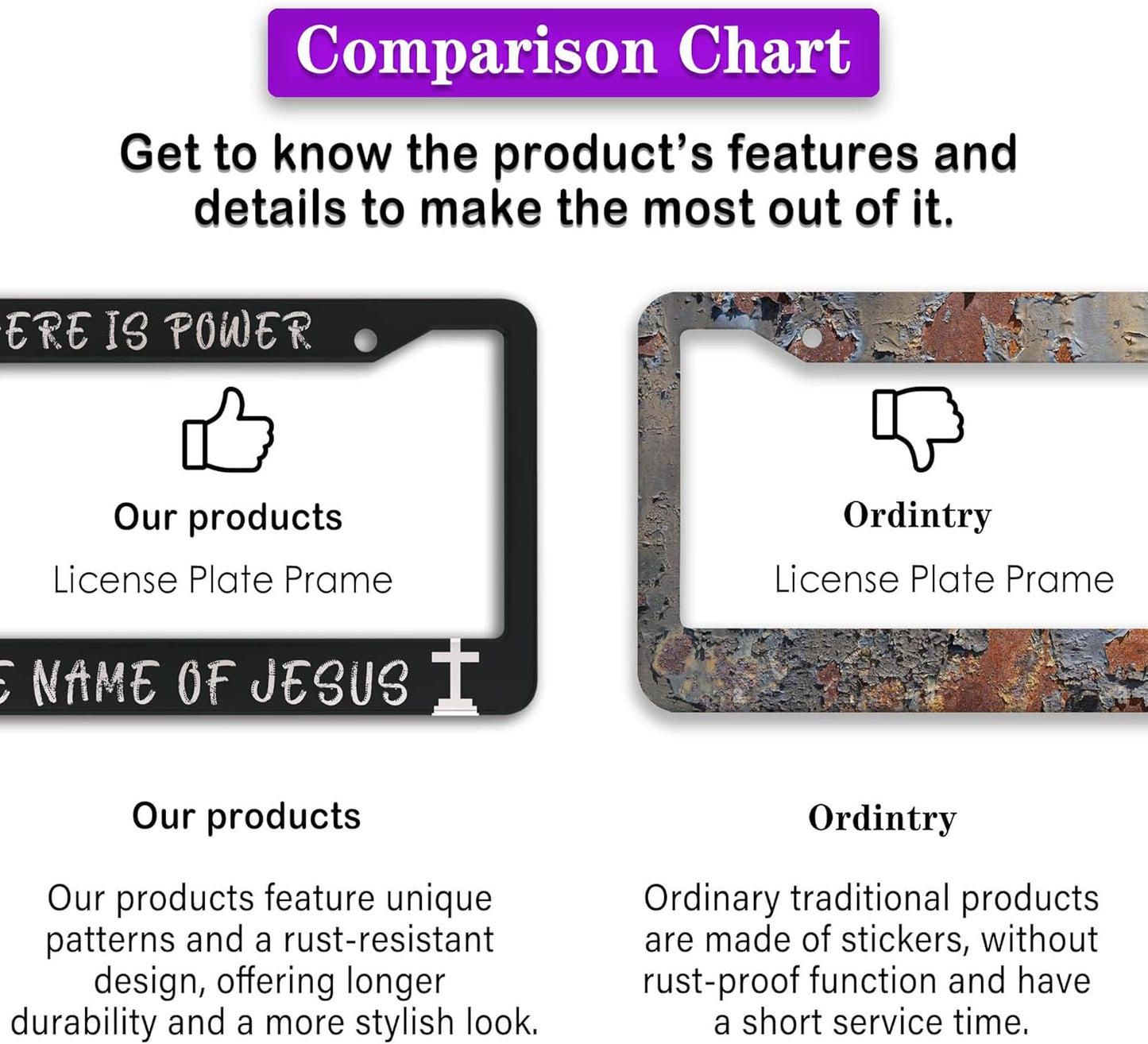 License Plate Frames Black and White License Plate Holder There is Power in The Name of Jesus Universal Aluminum Car Accessory 2 Pack with Screw Covers Set