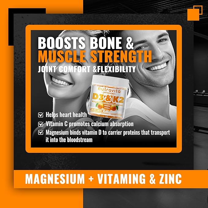Sugar-Free Vitamin D3 K2 Chews with Calcium + K2 (MK-7), Magnesium Citrate, Vitamin C, Extra Strength - Ultimate Absorption for Bone Muscle Teeth Immune, Vegan - 60 Count-Orange Flavor