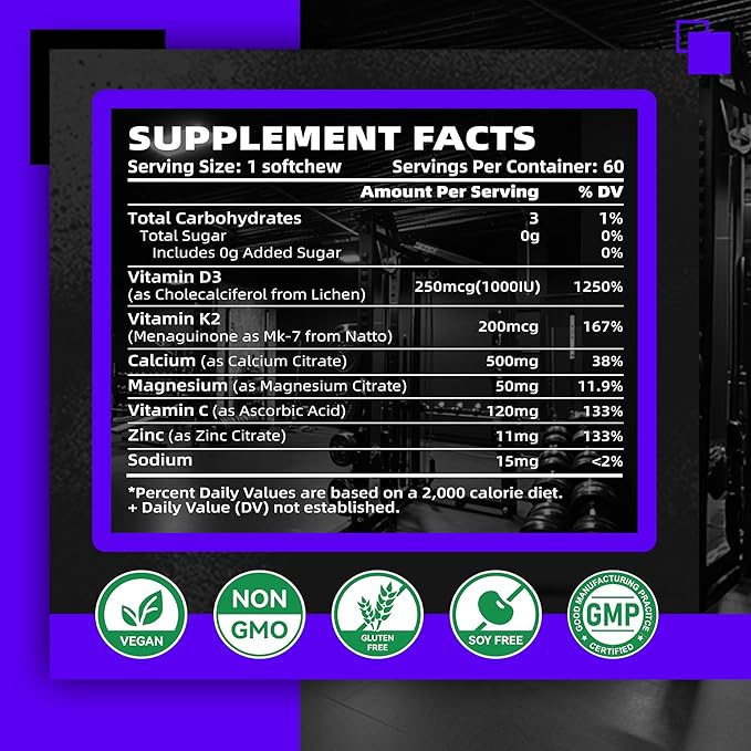 Sugar-Free Vitamin D3 K2 Chews with Calcium + K2 (MK-7), Magnesium Citrate, Vitamin C, Extra Strength - Ultimate Absorption for Bone Muscle Teeth Immune, Vegan - 60 Count-Blueberry Flavor