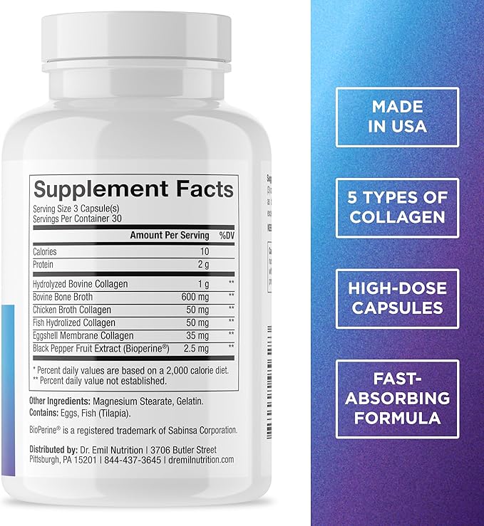 DR. EMIL NUTRITION Women's Multi Collagen Pills | Collagen Supplements | Support Hair, Skin, Nails & Joints | Hydrolyzed Collagen Supplements | Types I, II, III, V & X | 90 Capsules