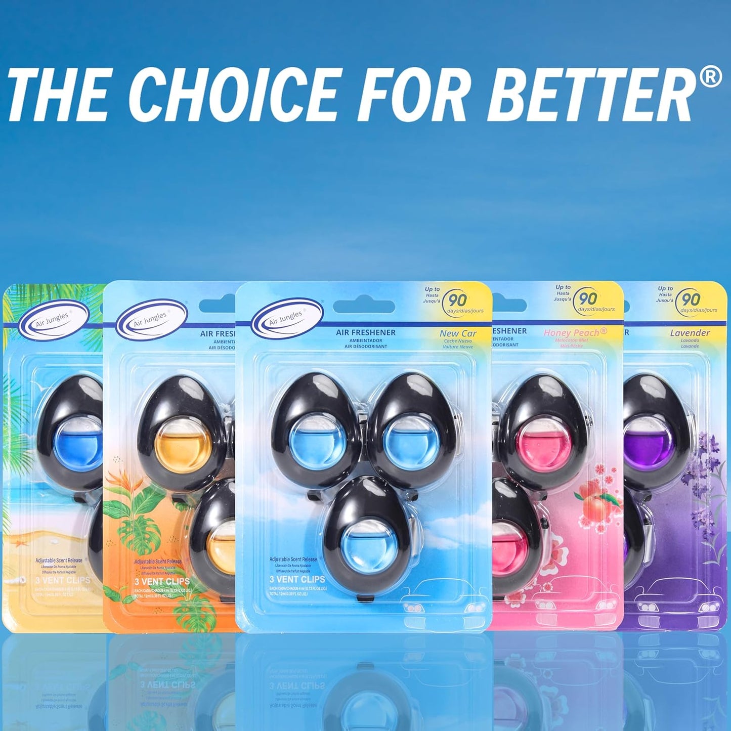Air Jungles Car Air Freshener Vent Clip 3 Count, New Car Scent, 4 ml Each, Long-Lasting Car Odor Eliminator, Easy Clip-On, Up to 90 Days Freshness for Cars, Trucks, and SUVs