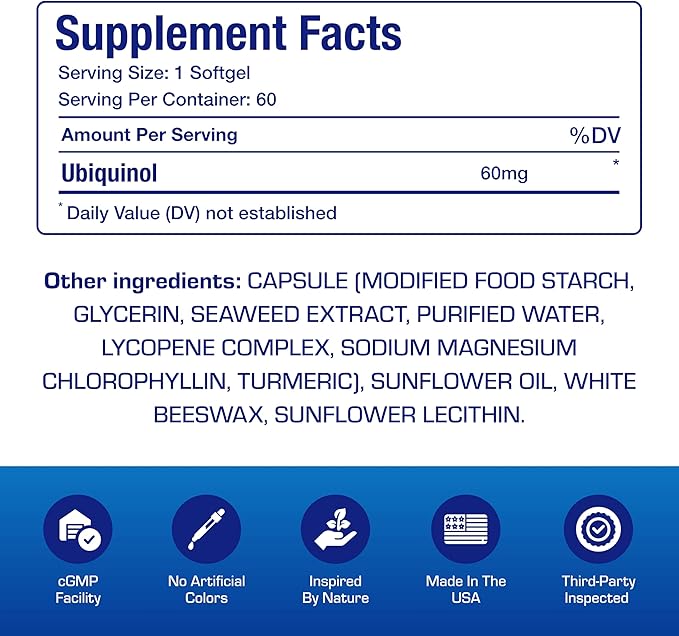 Ultra Absorption Ubiquinol CoQ10 Supplement - Coenzyme Q10 Supplement for Heart Immune Energy Cellular & Brain Support - Vegetarian Non-GMO & Made in The USA in cGMP Facilities - 60 Servings