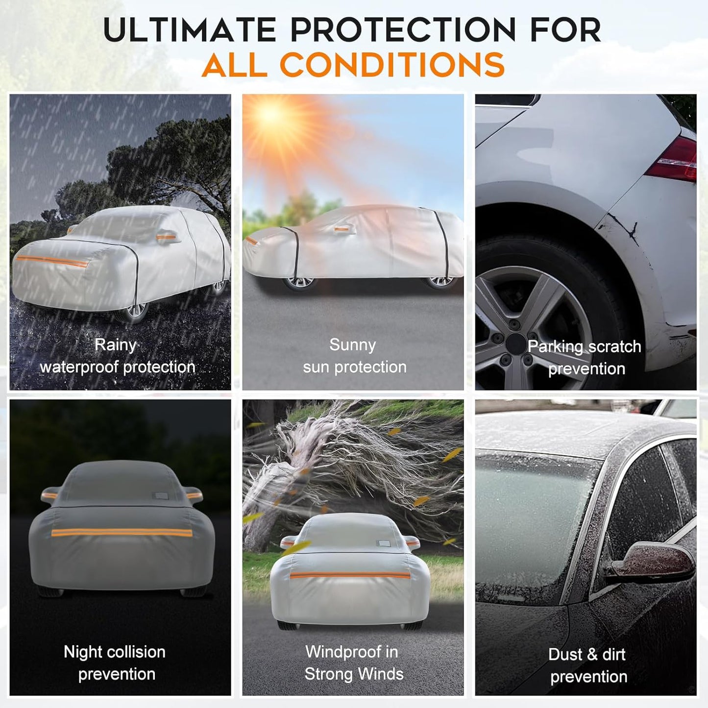 Waterproof SUV Car Cover: 6-Layer Protection from Rain, Snow, UV & Dust - Universal Fit up to 201 inches with Zipper Door & Windproof Straps for Outdoor, Garage, Travel Use, Silver