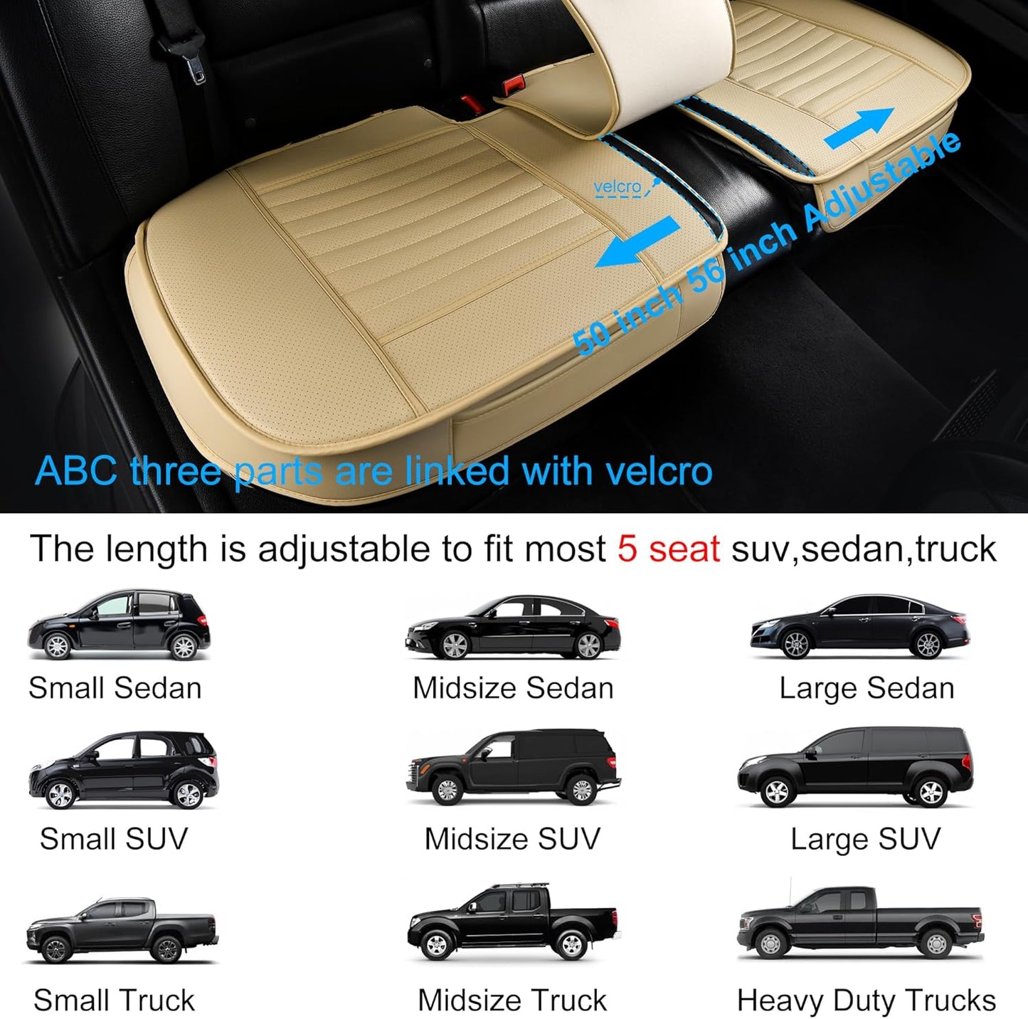 Back Seat Covers, Rear Seat Cushions, Auto Bench Protector with Breathable PU Leather and Non-Slip Bottom Universal for 4 Season (Beige, 61" x 20. 5")