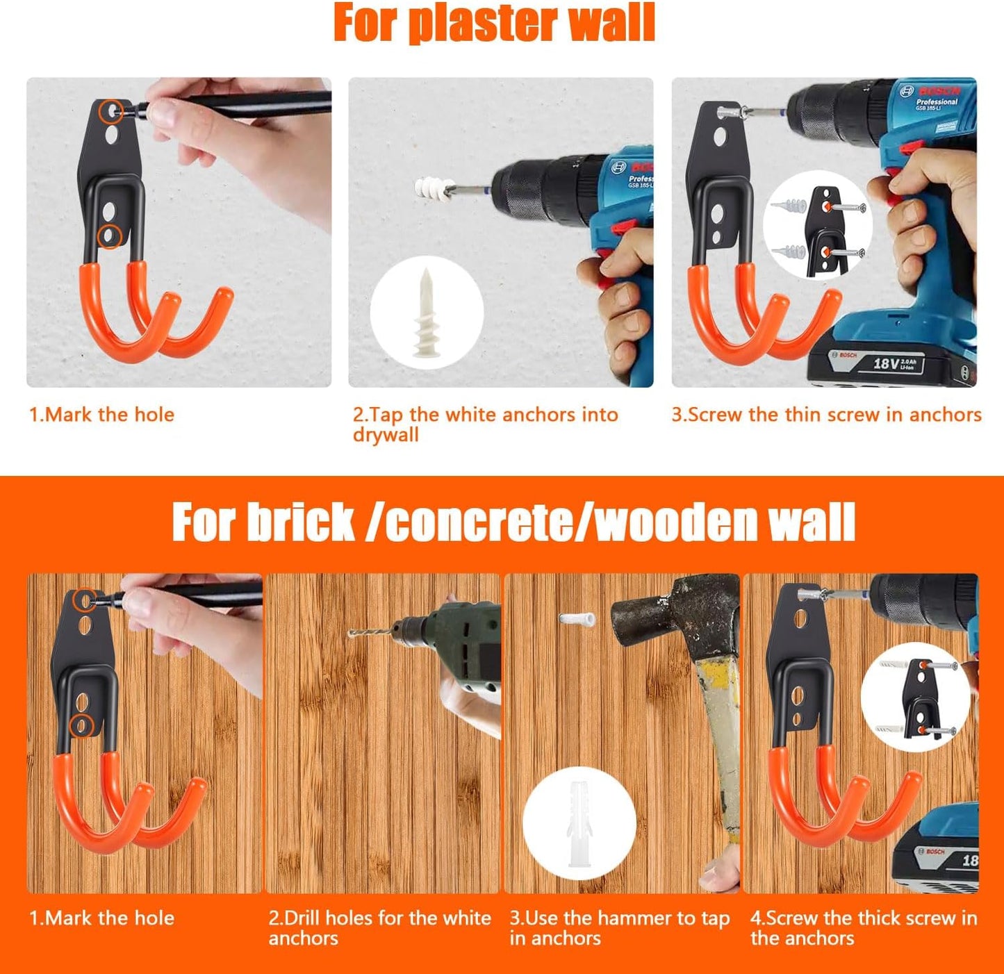 Heavy Duty Garage Storage Hooks,2 Pack Anti-Slip Coating,Wall Mount Storage Hooks for Hanging Bike, Ladder, Garden Tools,Small Utility Hook, Hose Holder for Outdoor and Indoors (4, Type u)