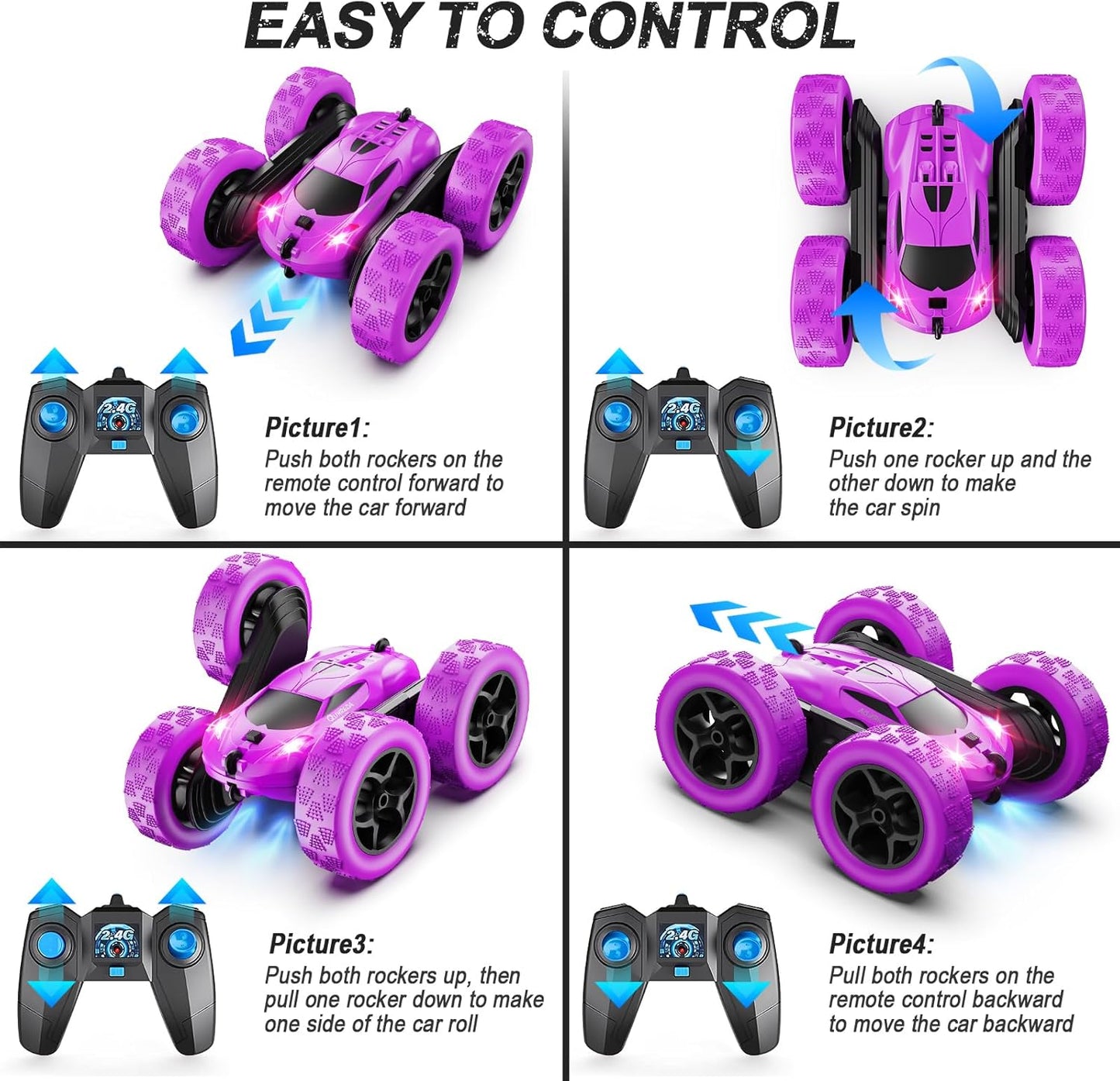 RC Cars, Purple Remote Control Car for Girls, 2.4 GHZ Double Sided RC Stunt Car 360° Rotating Remote Control Crawler with Headlights Car Toys for 6 7 8 9 10 11 12 Girls Birthday Gift