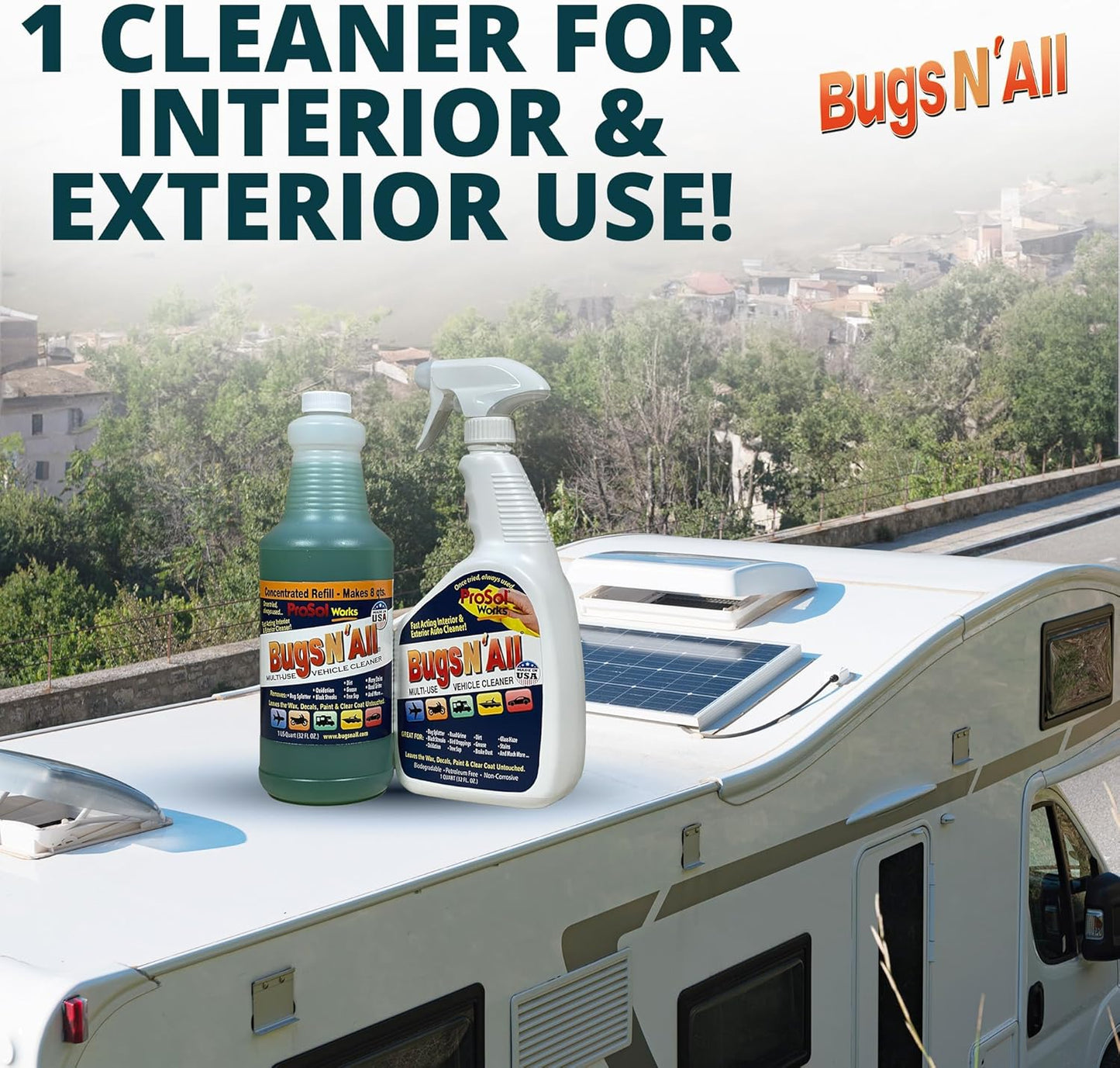 Bugs Nโ All Multipurpose Car Cleaner & Degreaser - Bug & Tar Remover Concentrate 32 oz - Exterior Cleaner Safe for Car Paint, Metal, Chrome, Aluminum, Windows & Mirrors - w/Free 32 oz Spray Bottle