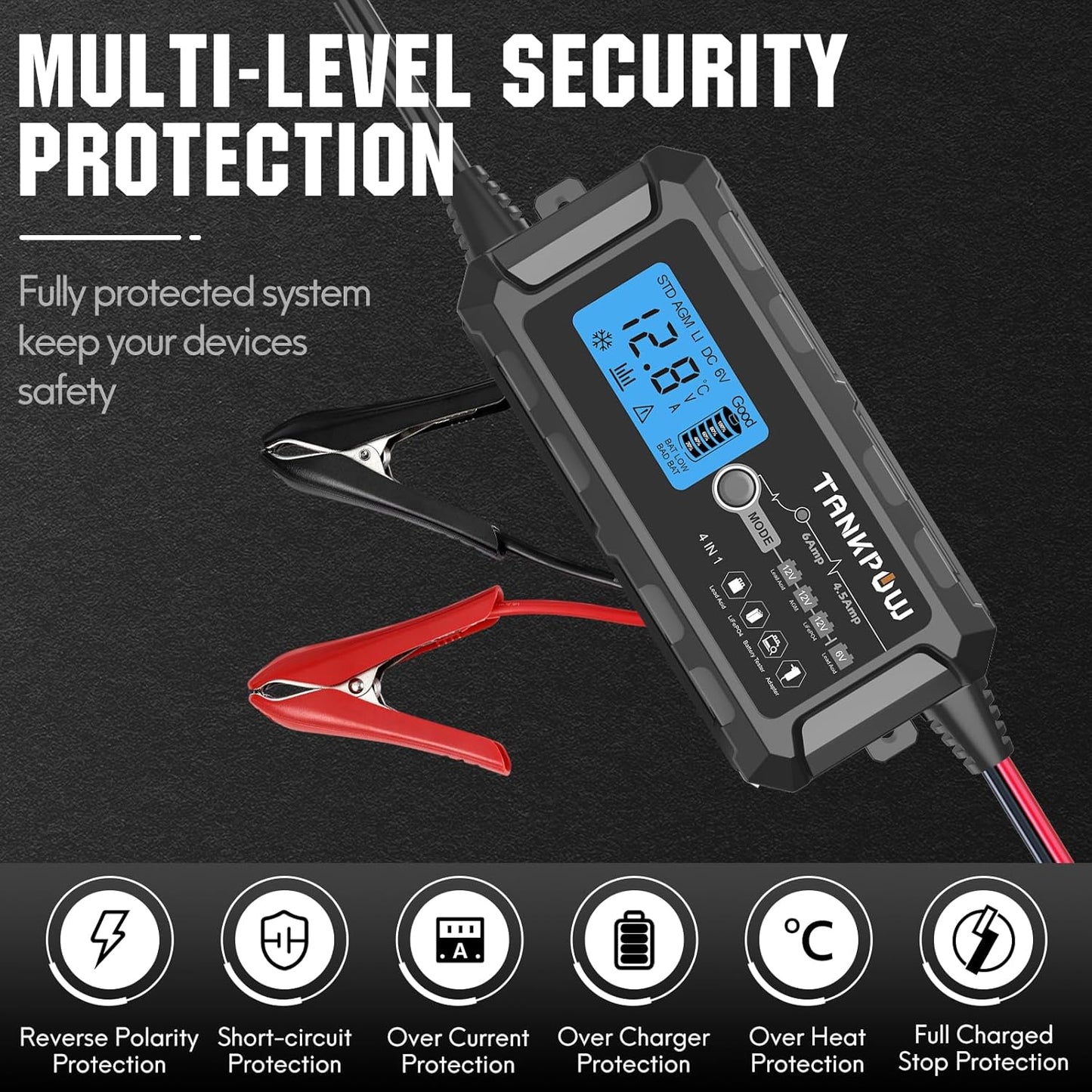 6-Amp Automotive Battery Charger, 6V and 12V Smart Car Battery Charger,Trickle Charger Battery Maintainer and Desulfator,Float Charger for Car,Motocycle,ATV,Lithium and Deep Cycle Batteries.