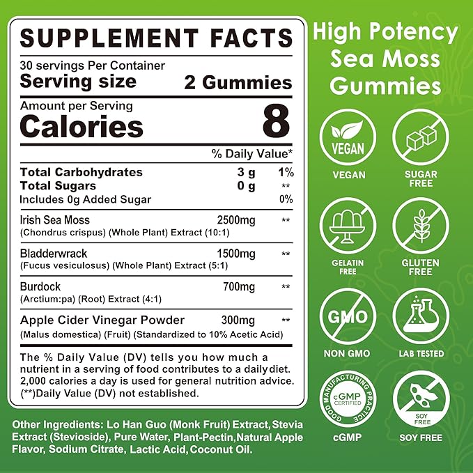 (2 Pack) Sea Moss Gummies - Irish Sea Moss Gummies for Adults & Kids - Advanced Superfood Seamoss Supplement with Organic Bladderwrack & Burdock Root Extract,ACV for Daily Immune, Gut Cleanse, Vegan