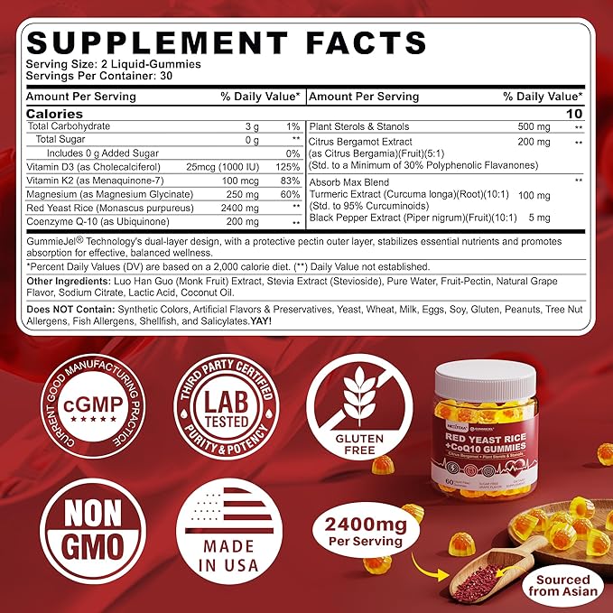 Red Yeast Rice Gummies 2400MG with CoQ10, Suagr Free Balanced Cholesterol Supplements Plus Citrus Bergamot, Plant Sterols & Stanols Supports Vascular Health, Energy, Immunity for Age 50+,Vegan,60 Cts