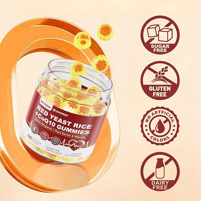 Red Yeast Rice Gummies 2400MG with CoQ10, Suagr Free Balanced Cholesterol Supplements Plus Citrus Bergamot, Plant Sterols & Stanols Supports Vascular Health, Energy, Immunity for Age 50+,Vegan,60 Cts