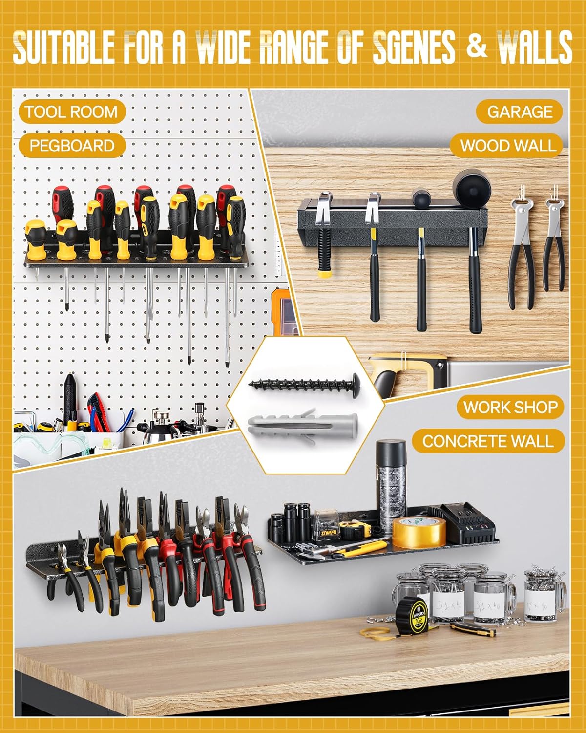 Wall Mount Screwdriver Organizer, Pliers Holder, Hammer Rack, 17x8.5-inch Storage Board, 4PCS Alloy Steel Hand Tool Storage Organizer for Garage Workshop