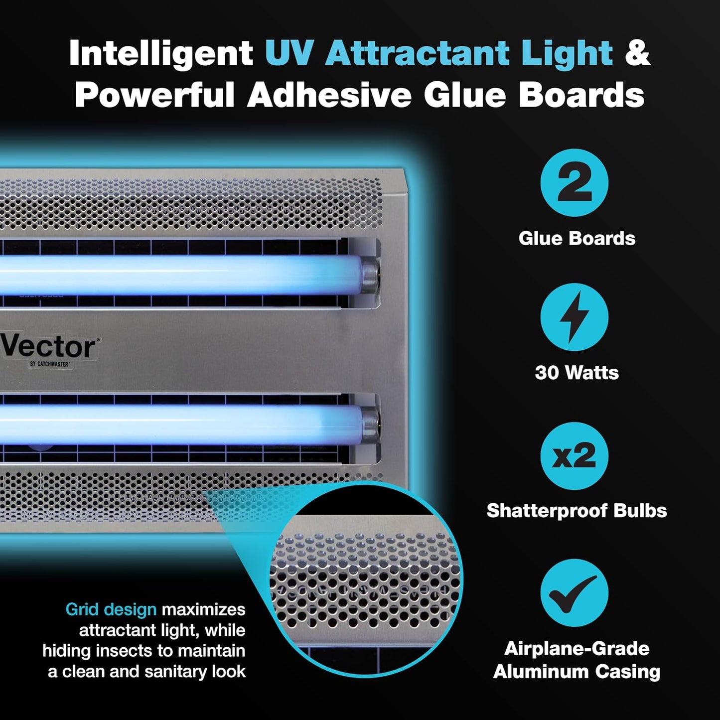 Catchmaster Vector 30, UV Light Fly Traps Indoor for Home, Electric Gnat Traps for House Indoor, Shatterproof Bulbs UV Lamp Fly, Insect & Mosquito Killer, Silent Bug Light for Kitchen, Shed, Garage