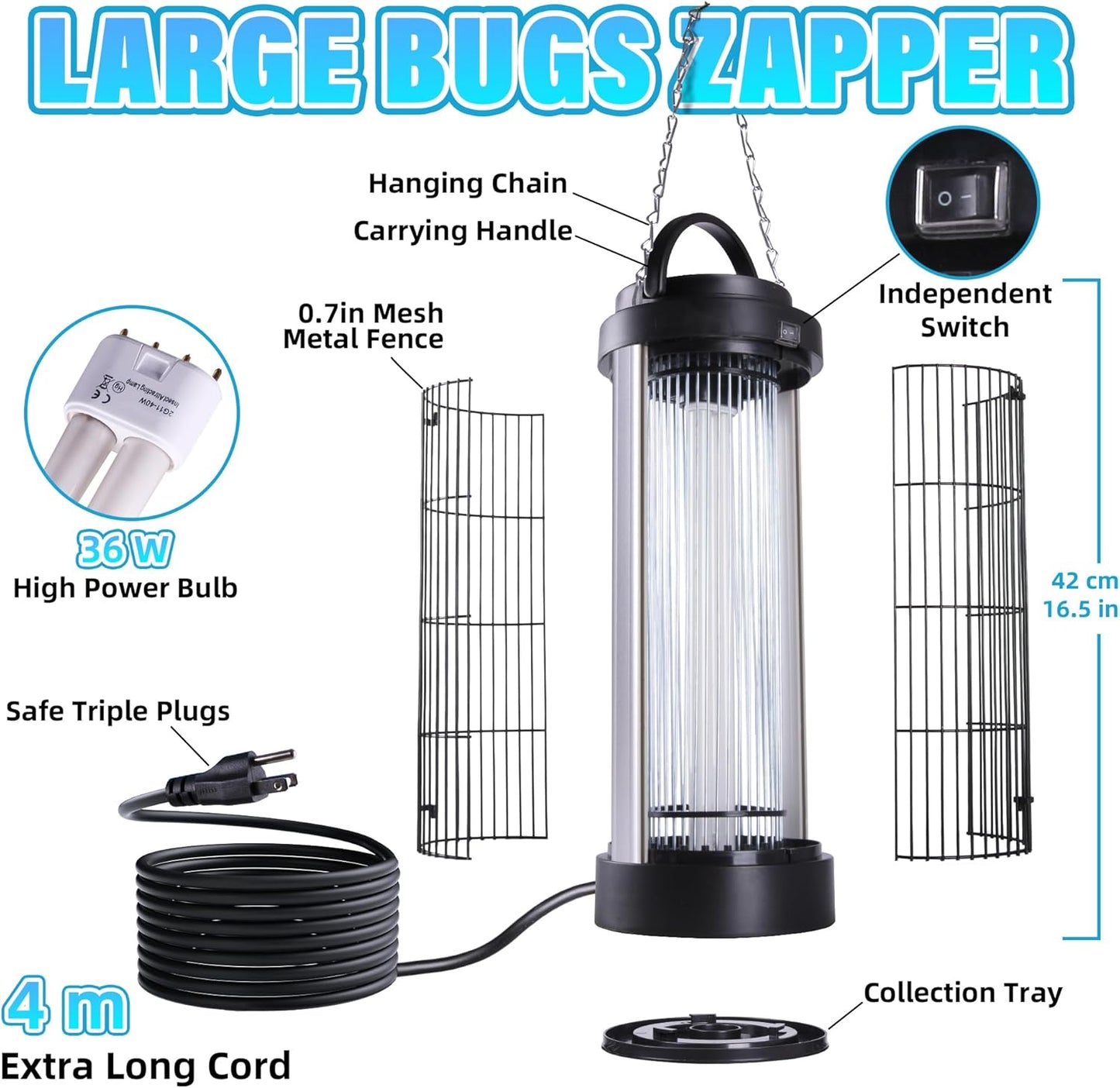 Large Size Bug Zapper Outdoor for 1/2 Acres with 13FT Power Cord, 4000V Instant Killing Grid Removable Hanging High Power Outdoor Mosquito Killer, Fly Trap Lamps for Camping Patio Home