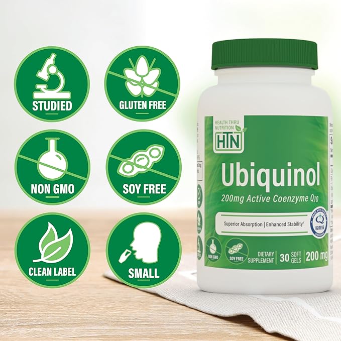 Health Thru Nutrition Ubiquinol 200mg 30 Softgels as Kaneka QH Reduced CoQ-10 | Stabilized - 3rd Party Tested | Enhanced Bioavailability | Cardiovascular & Mitochondria Function Support | Non-GMO