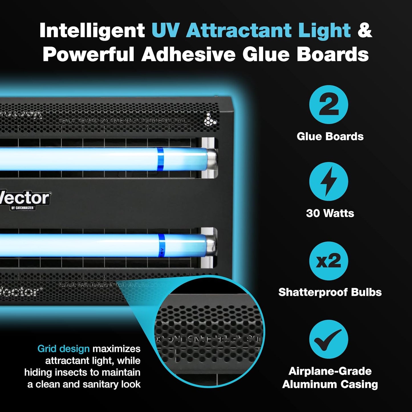 Catchmaster Vector 30, UV Light Fly Traps Indoor for Home, Electric Gnat Traps for House Indoor, Shatterproof Bulbs UV Lamp Fly, Insect & Mosquito Killer, Silent Bug Light for Kitchen, Shed, Garage