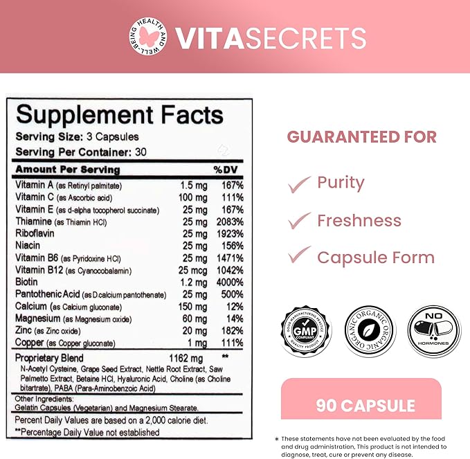 Vitasecrets Hair, Skin & Nails Super Blend – 90 Capsules with Biotin, Collagen, and Hyaluronic Acid for Healthy Hair, Glowing Skin, and Stronger Nails – Non-GMO, Gluten-Free, Made in The USA