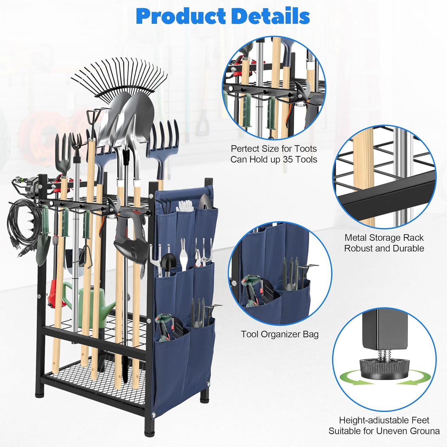 Garden Tool Rack Freestanding, Heavy Duty Garden Tool Organizer, 3-tier Tool Rack, Multifunctional Yard Tool Storage with Hooks and Storage pockets for Outdoor Long-Handled Broom Shovel Rake