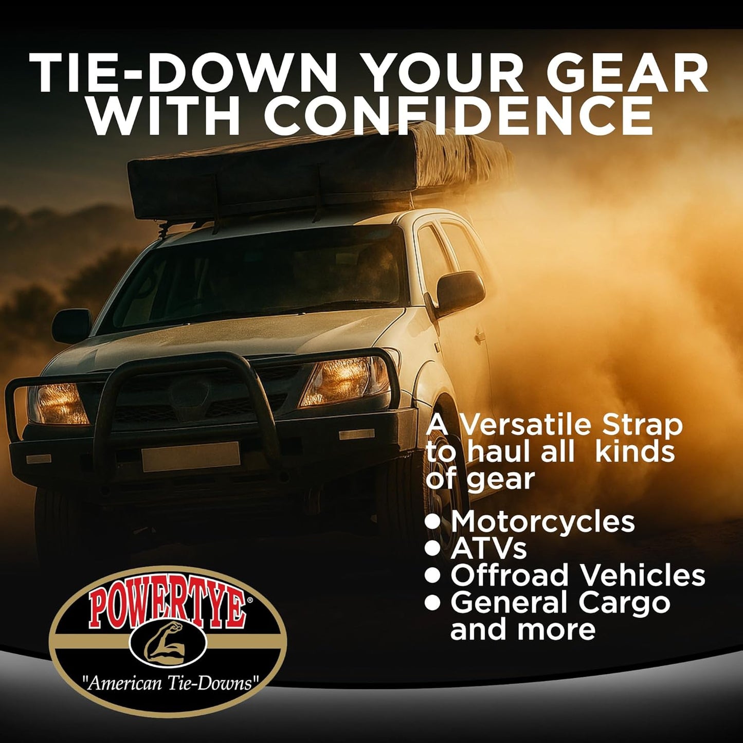 PowerTye - Made in USA - Heavy Duty Ratchet Tie Down Straps with Carabiner Hooks & Sewn-in Soft-Tye, for Motorcycle, ATV, Trailer & Cargo, 1,000 lb WLL, 1.5 inch x 6.5ft Long, Yellow/Black (Pair)