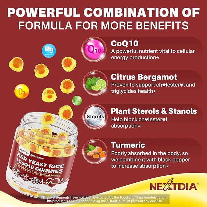 Red Yeast Rice Gummies 2400MG with CoQ10, Suagr Free Balanced Cholesterol Supplements Plus Citrus Bergamot, Plant Sterols & Stanols Supports Vascular Health, Energy, Immunity for Age 50+,Vegan,60 Cts