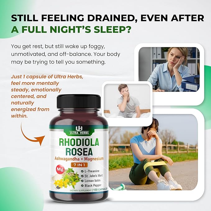 Rhodiola Rosea Supplement Enriched with Ashwagandha, Magnesium, L-Theanine, St. John's Wort, Lemon Balm - Support Mood, Sleeps Quality, and Mental Focus | 150 Capsules